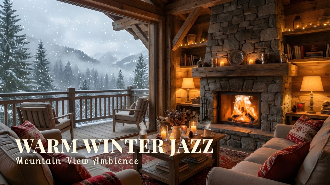 Warm Jazz, Snowfall & Mountain Views ❄️🔥 | Relaxing Winter Porch Ambience
