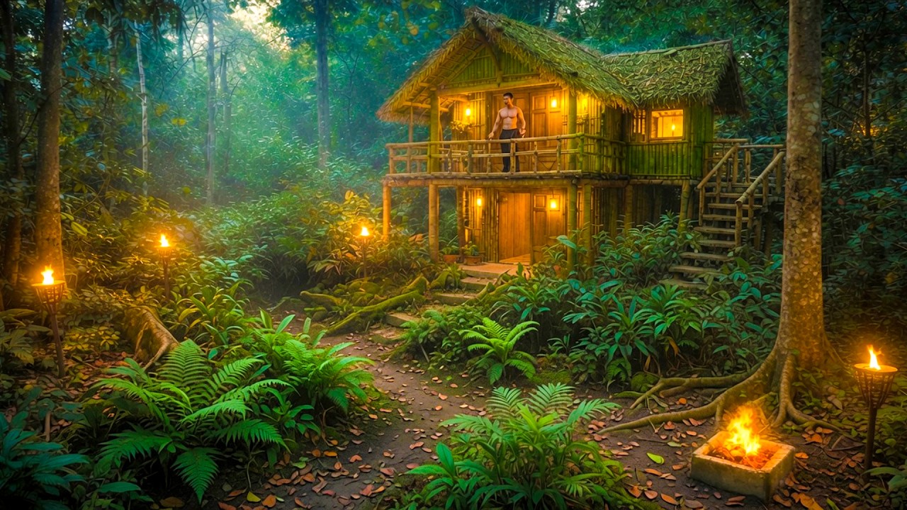 I Built a Beautiful Cozy Bamboo House Alone in the Deep Jungle  Survival Build
