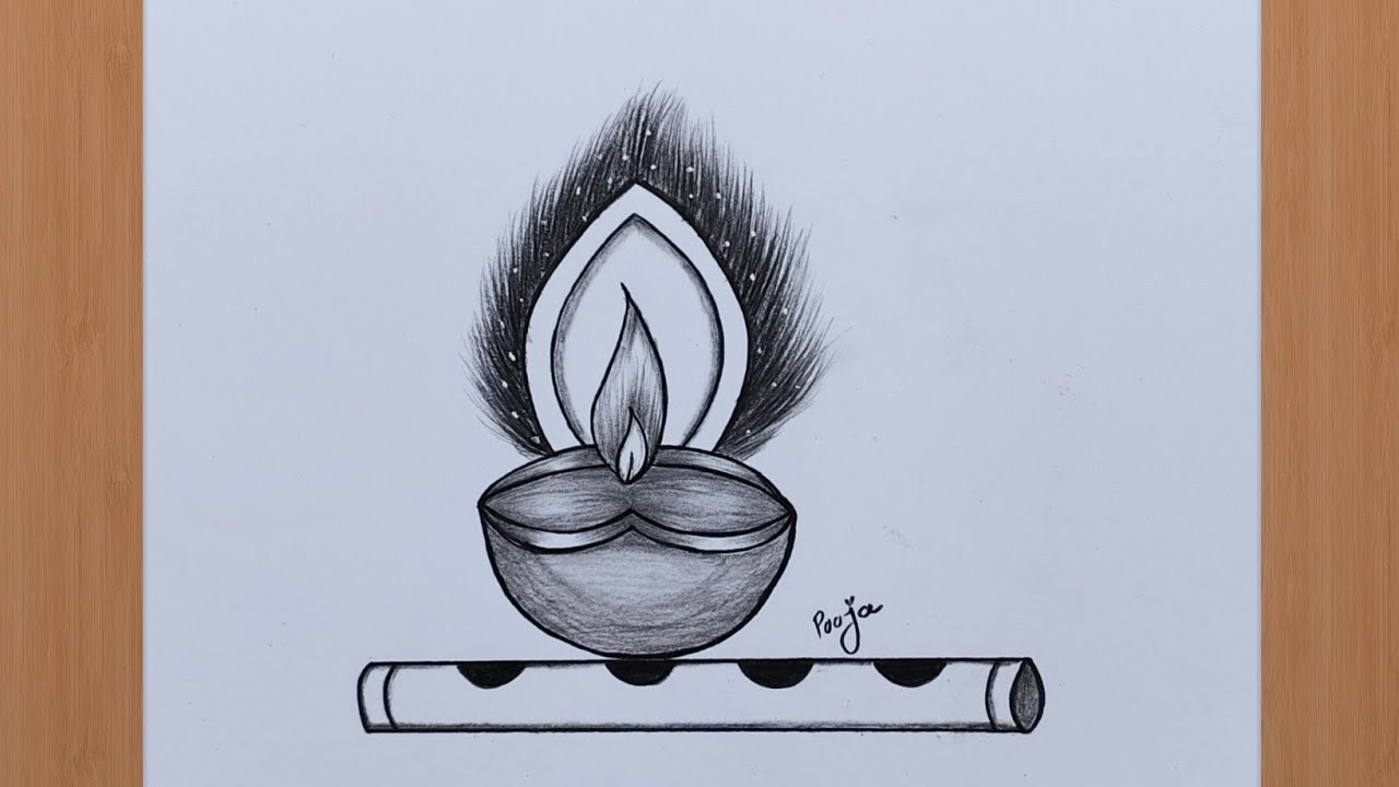 Diwali Special Diya with Flute Drawing Easy Tutorial | Diwali Drawing | Diya With Peacock Feather |