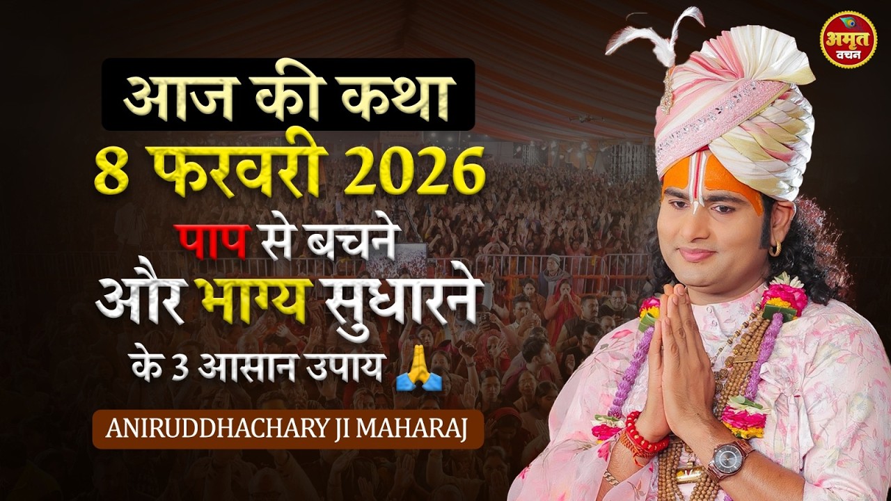 आज की कथा 8 फरवरी 2026 | पाप से बचने और भाग्य सुधारने के 3 आसान उपाय 🙏 श्री अनिरुद्धाचार्य जी महाराज