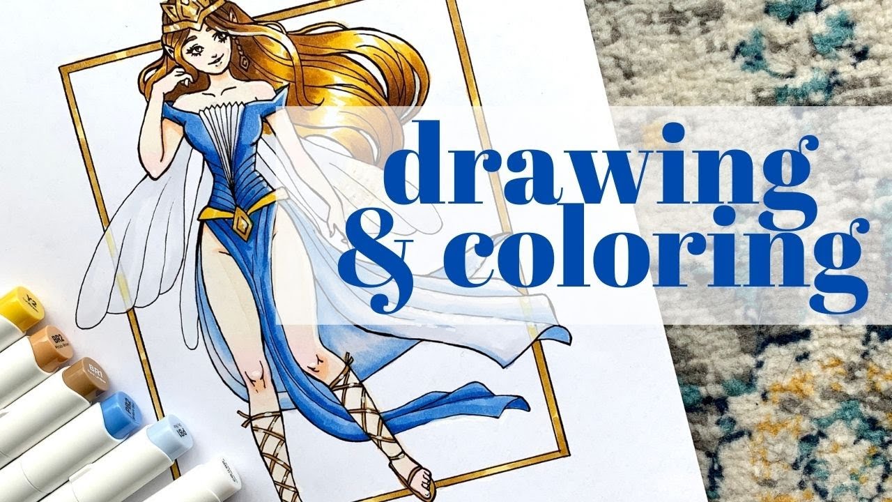 Golden Fairy Girl | Drawing & Coloring with Ohuhu Brush Markers |  Free Coloring Page