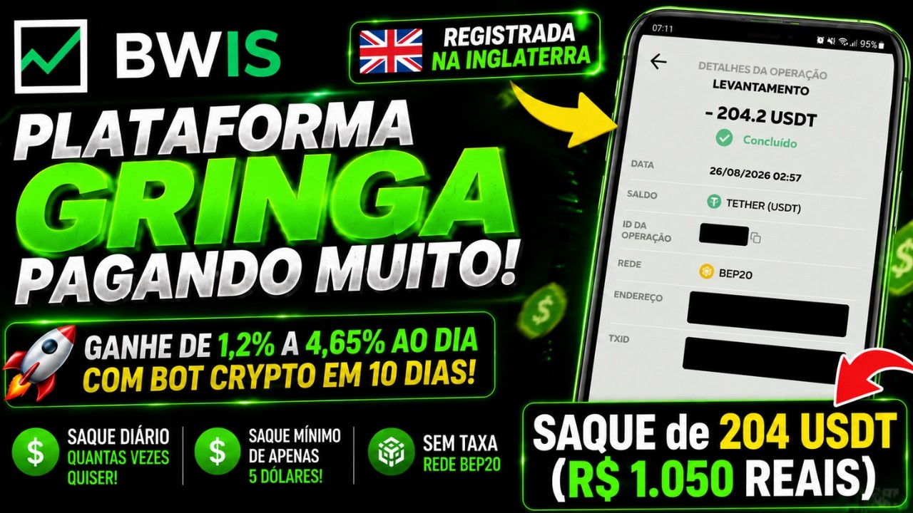 BWIS: PLATAFORMA GRINGA PAGANDO MUITO! SAQUE de 204 USDT (R$ 1.050 REAIS)