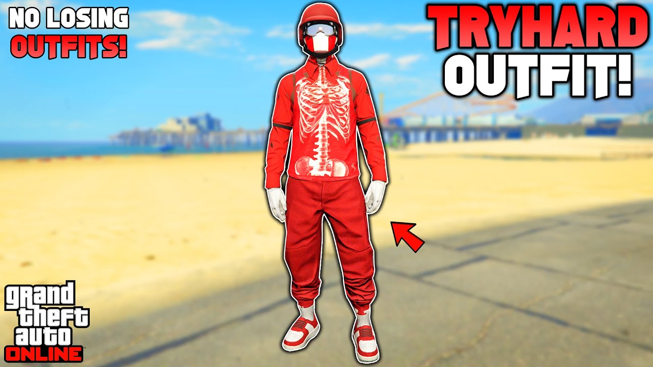 Рубашка с рваными штанами Easy Red Joggers, глюк, модификация Tryhard в GTA 5 Online (без переноса)