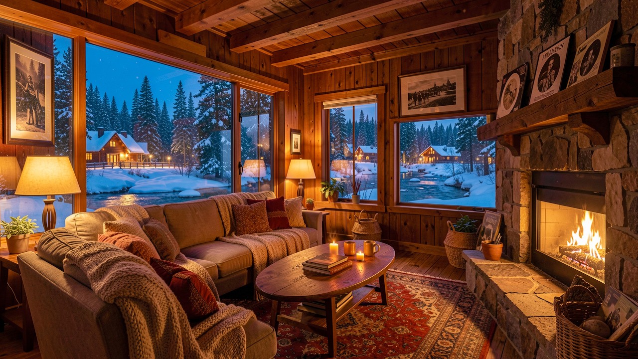 Cozy Winter Cabin Ambience ❄️ Snowy Night with Soft Jazz & Fireplace Sounds for Relax, Deep Sleep