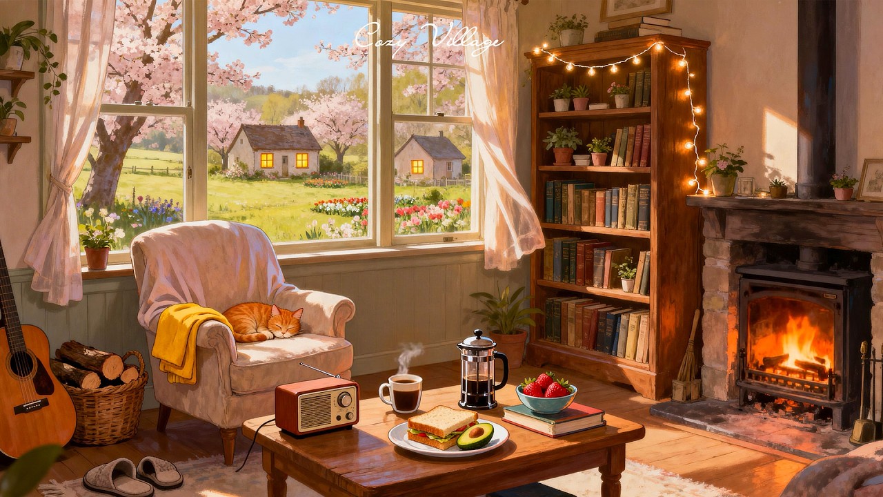 a peaceful cottage on a vintage spring morning in the 1940s with oldies playing in another room