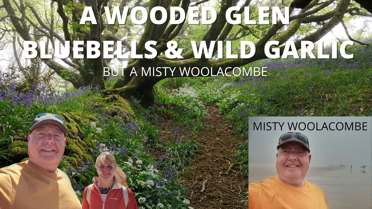Walking down wooded Glen with Bluebells & wild Garlic to a Misty Woolacombe bay - North Devon
