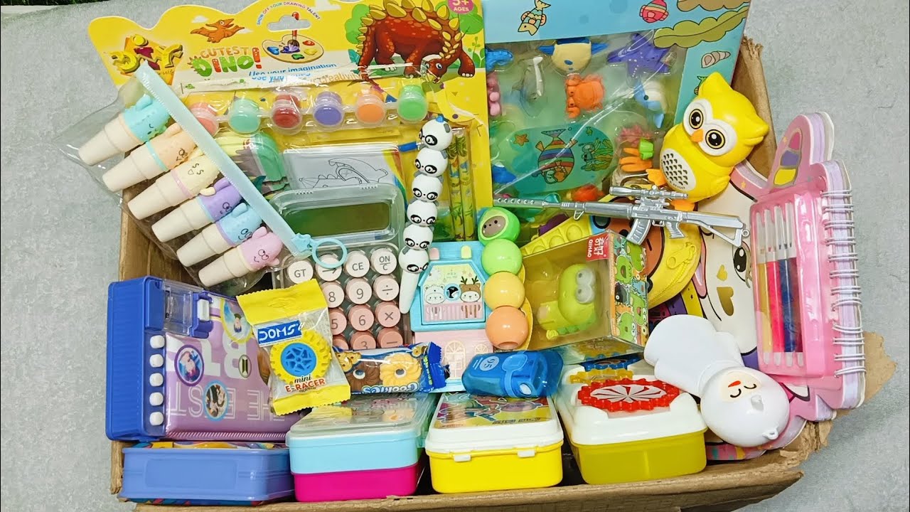 Latest Pencil box, colouring kit, unicorn stationery, Doms eraser, gun pen, kawai calculator, pouch 