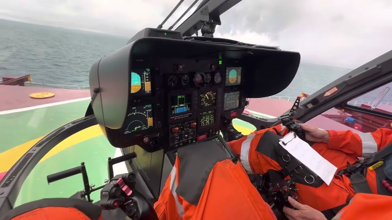 EC135 Cockpit Marine Pilot Transfer  CAT-A takeoff. Coal Bulk Carrier.