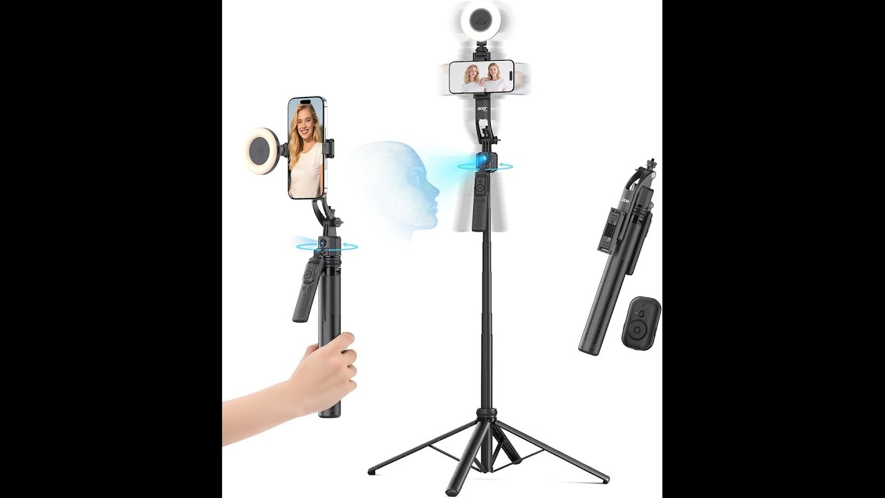 acer 64" Auto Face Tracking Tripod w/Light, Remote, No App, 360° Selfie Stick for Vlogging Phone