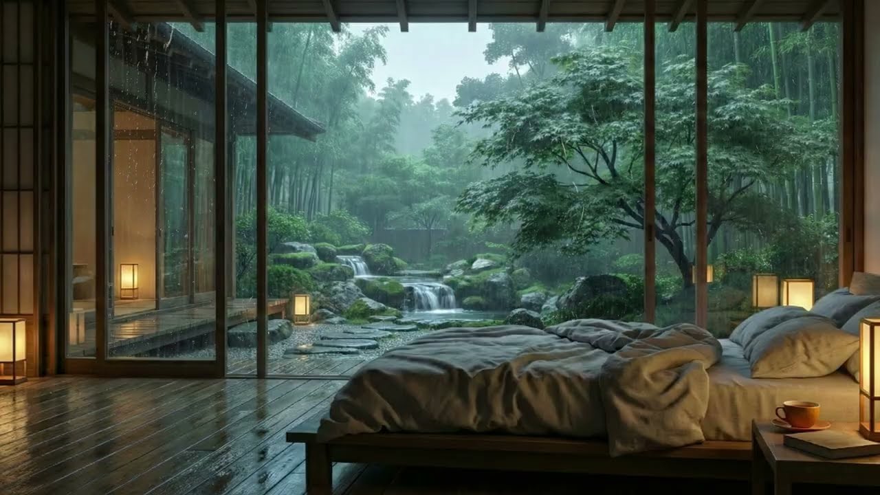Heavy Rain in Rustic Wood Bedroom with Vintage Lamp 🌧️ Rain on Forest for Deep Sleep, Focus, Study
