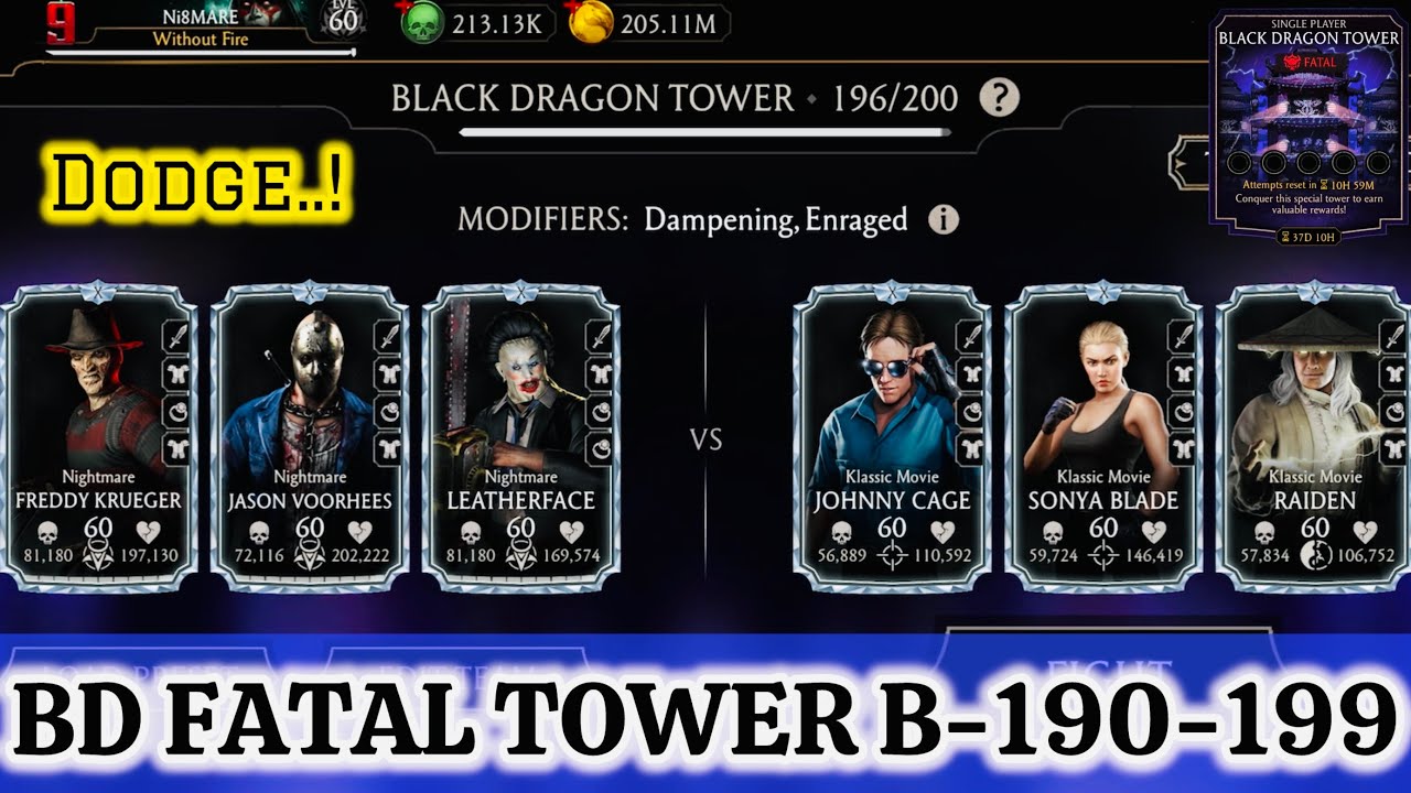 Dodge Team’s Vs Black Dragon Tower Fatal 190-199 Fights + Rewards MK Mobile