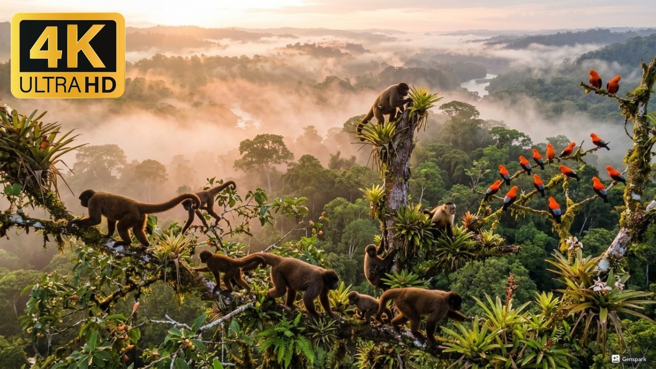 Relaxing Walk in the Amazon Cloud Forest at Sunrise  Woolly Monkeys & Spectacled Bears 4K