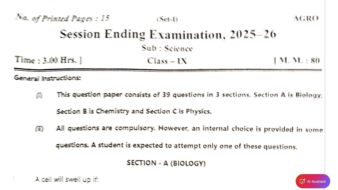 Class-9 Science (Real Paper) Annual Exam 2026 Question Paper Session Ending PM SHRI KV Term2