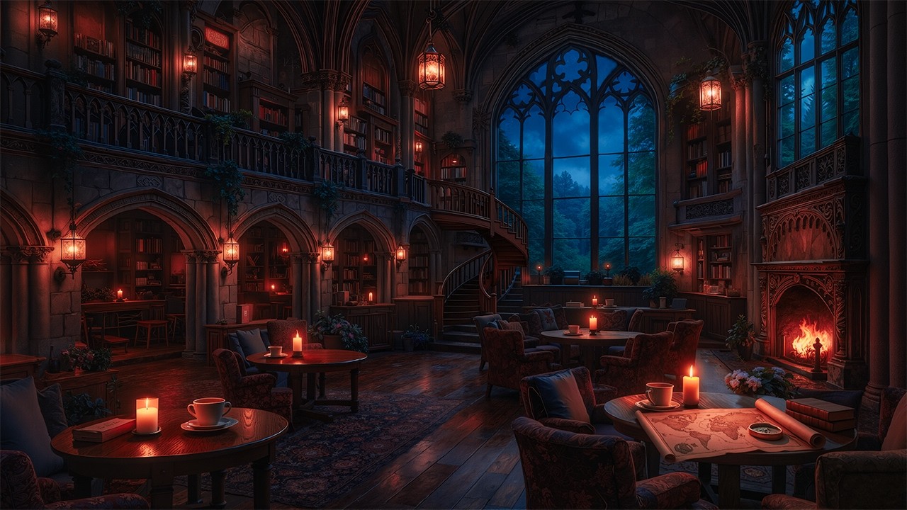 Inside the Cozy Library Cafe with Fireplace | Relaxing Piano & Violin | Dark Academia with Rain