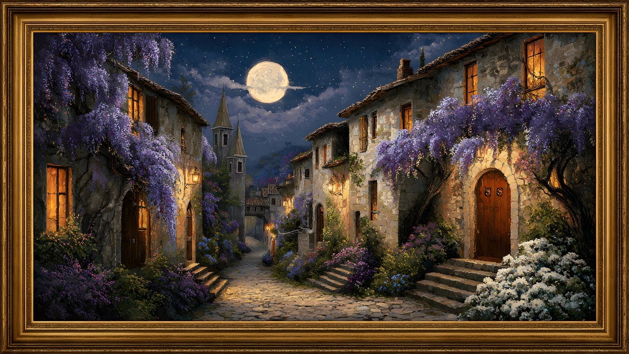 Romantic Moonlit Village 4K Art for TV (No Sound)