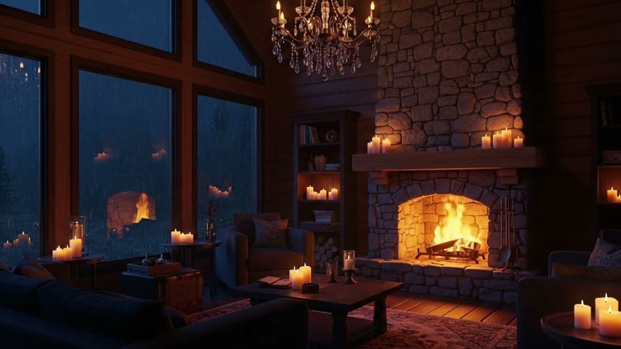 🔥 Cozy Cabin Fireplace | Bubbling Fire & Rain Ambience | 5 Hours