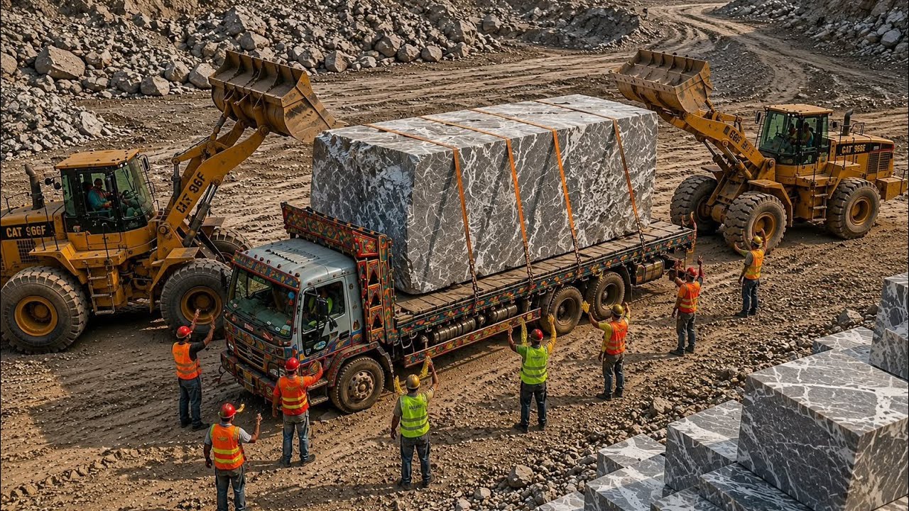 From Quarry to Factory | Giant Marble Block Loading, Mountain Hauling & Cutting Process
