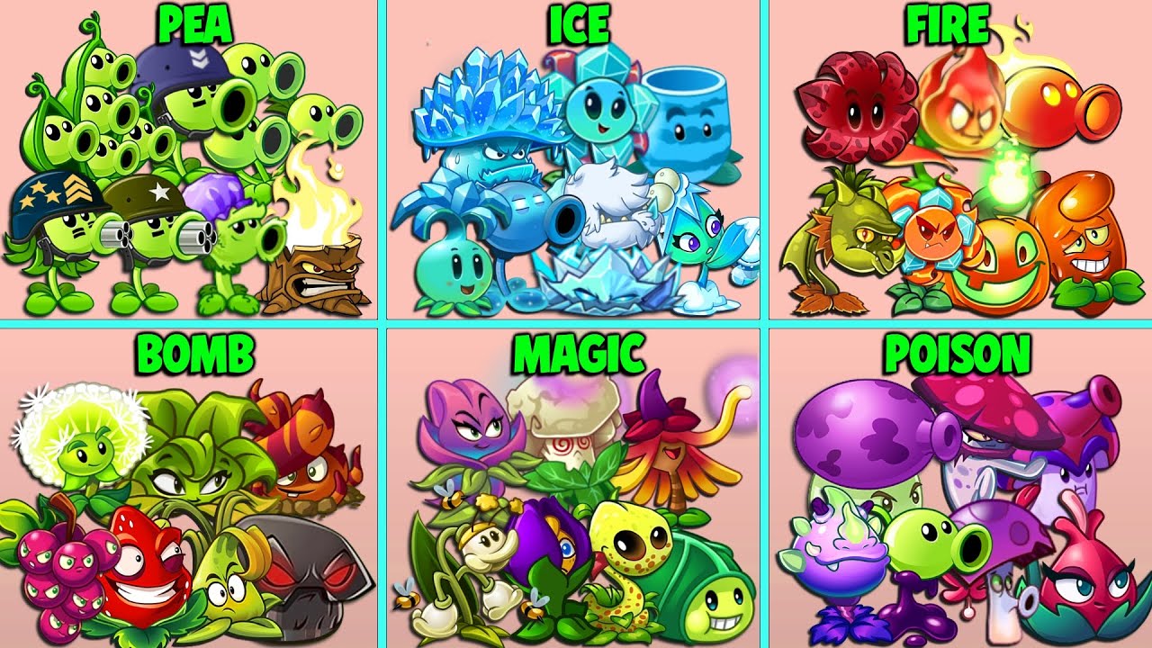 PvZ2 - 6 Team PEA x ICE x FIRE x POISON x BOMB x MAGIC - Which Team Plant Will Win ?