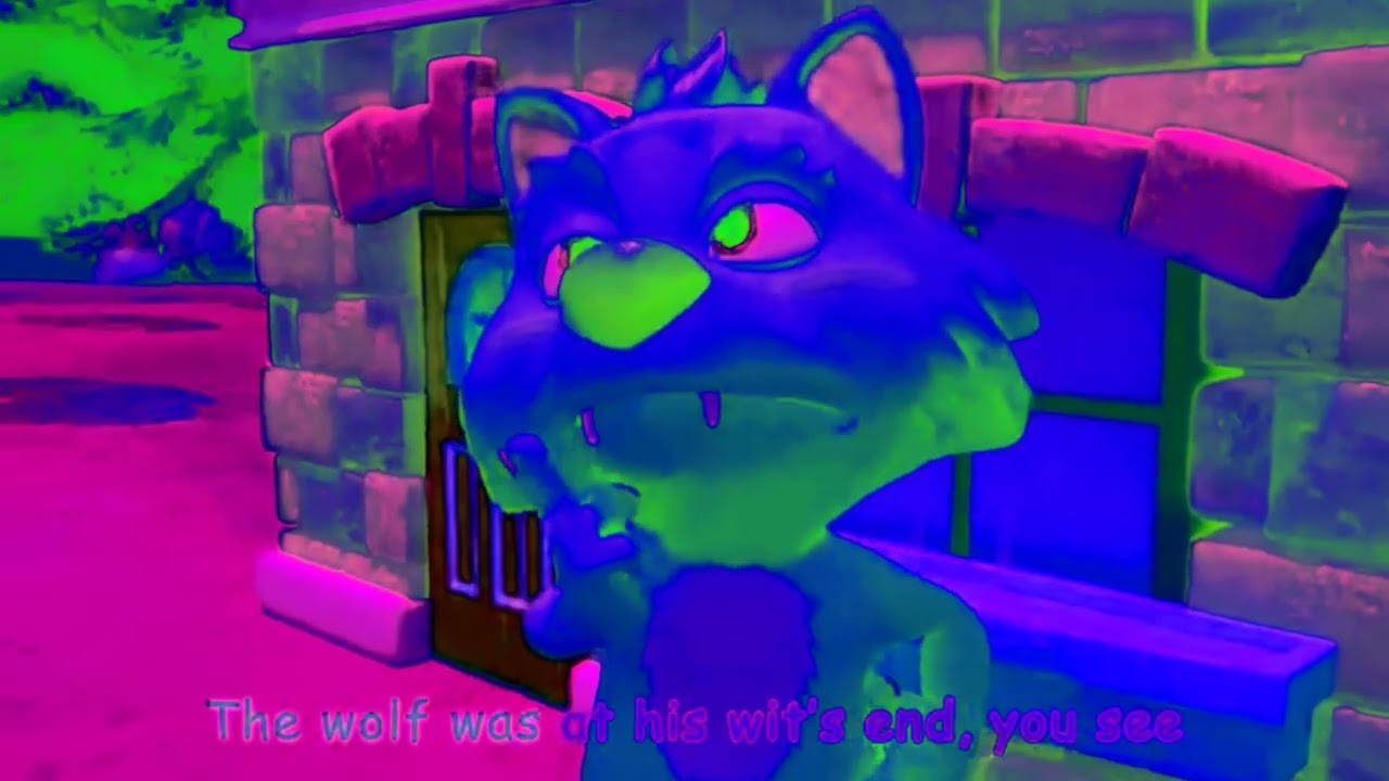 The wolf hunting the three little pigs!aND the little pigs scared so much