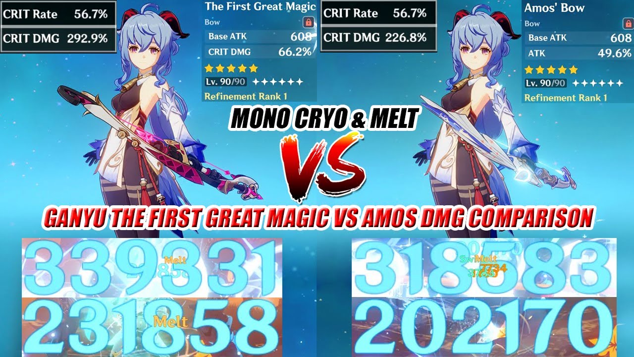Ganyu Change Signature Weapon with Lyney Bow - The First Great Magic vs Amos DMG Comparison