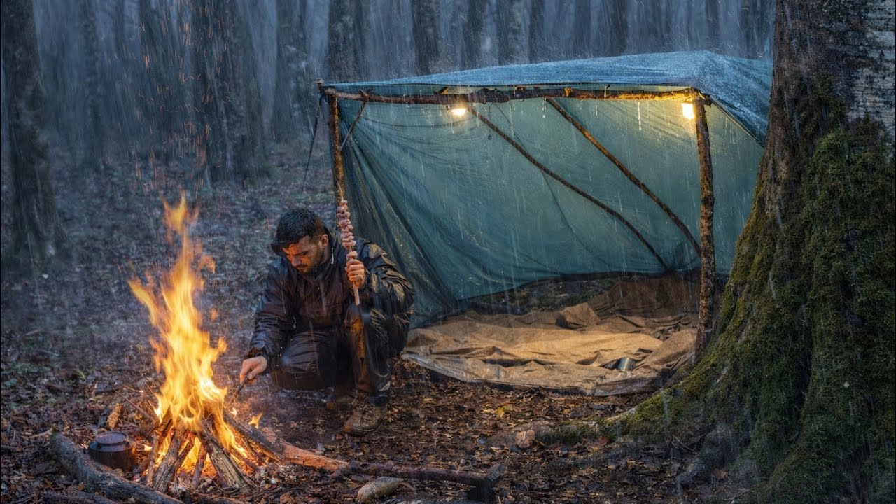 Surviving in Heavy Rain and Cold Without a Sleeping Bag! A Real Night in the Forest 🌧