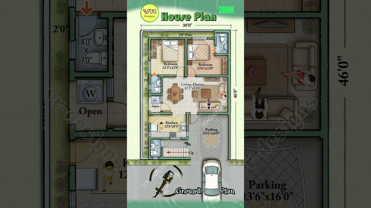 30&times;46 House Plan | 2BHK North Facing with Car Parking 🚗 #housemap #houseplan #housedesign