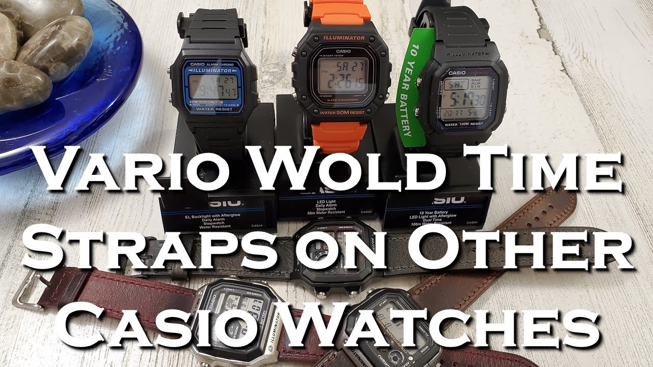 Vario World Time Straps on Three Other Casio Watches (F105, W218, and W800)