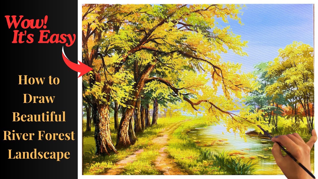 Acylic Painting - How to draw a forest landscape with trees by the river using acrylic paint