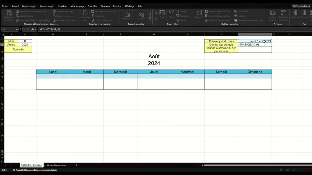 Comment cr&eacute;er un calendrier mensuel sur Excel
