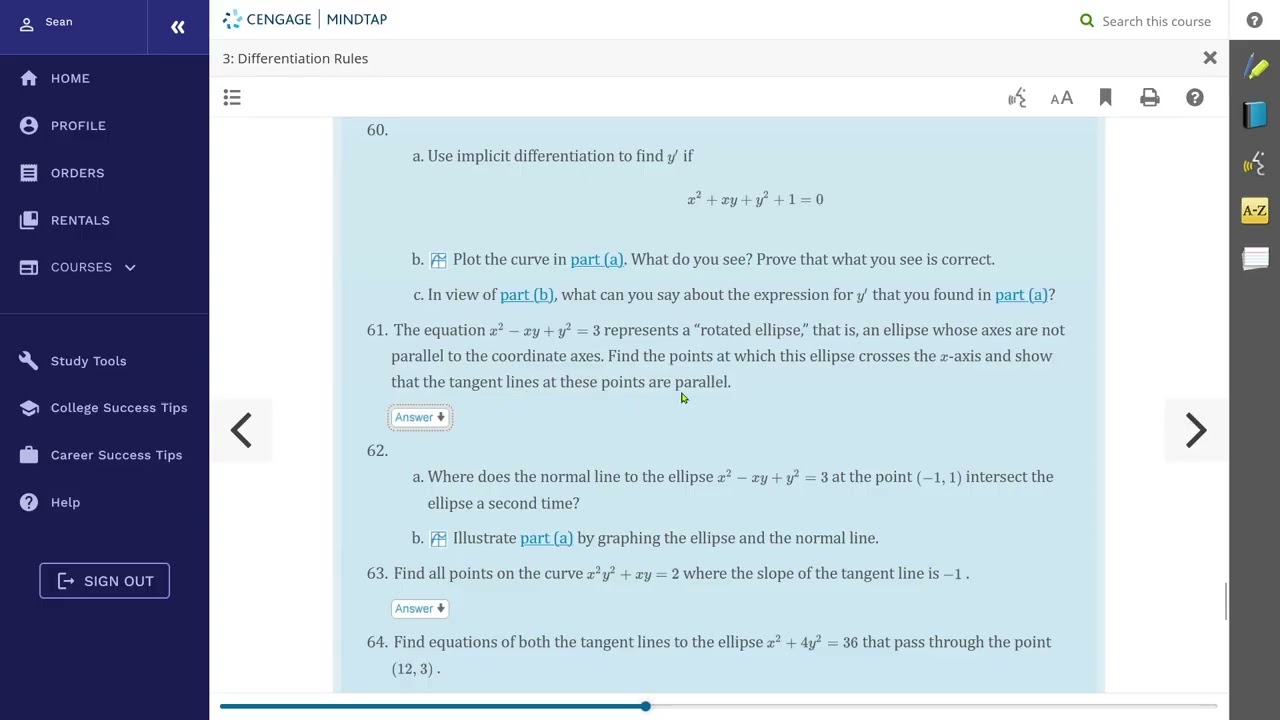 Find where the ellipse crosses the xaxis and show that the tangent line is parallel for x^2-xy+y^2=3