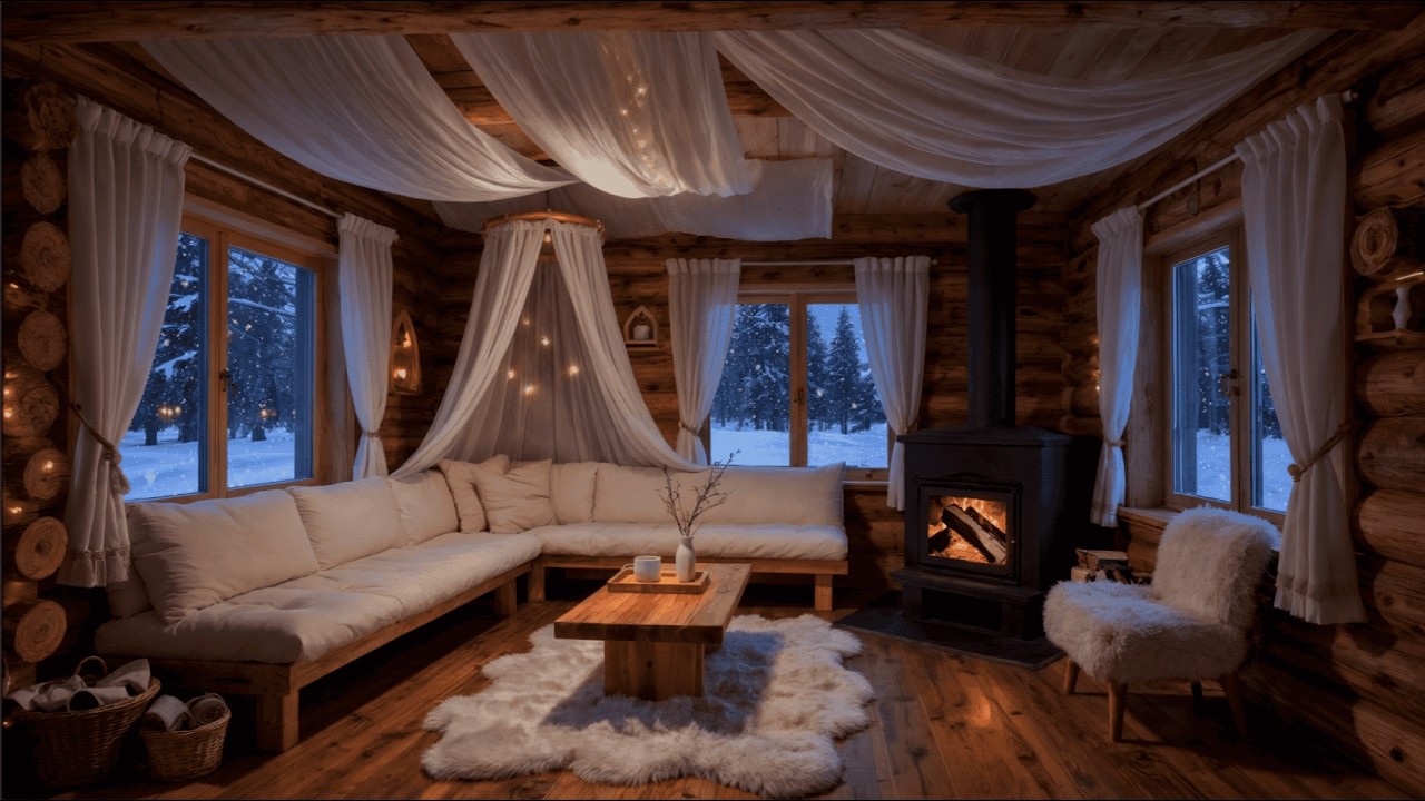 Blue Log Cabin Retreat 24/7 Soft Piano, Crackling Fireplace Snowy Day & Deep Relaxation