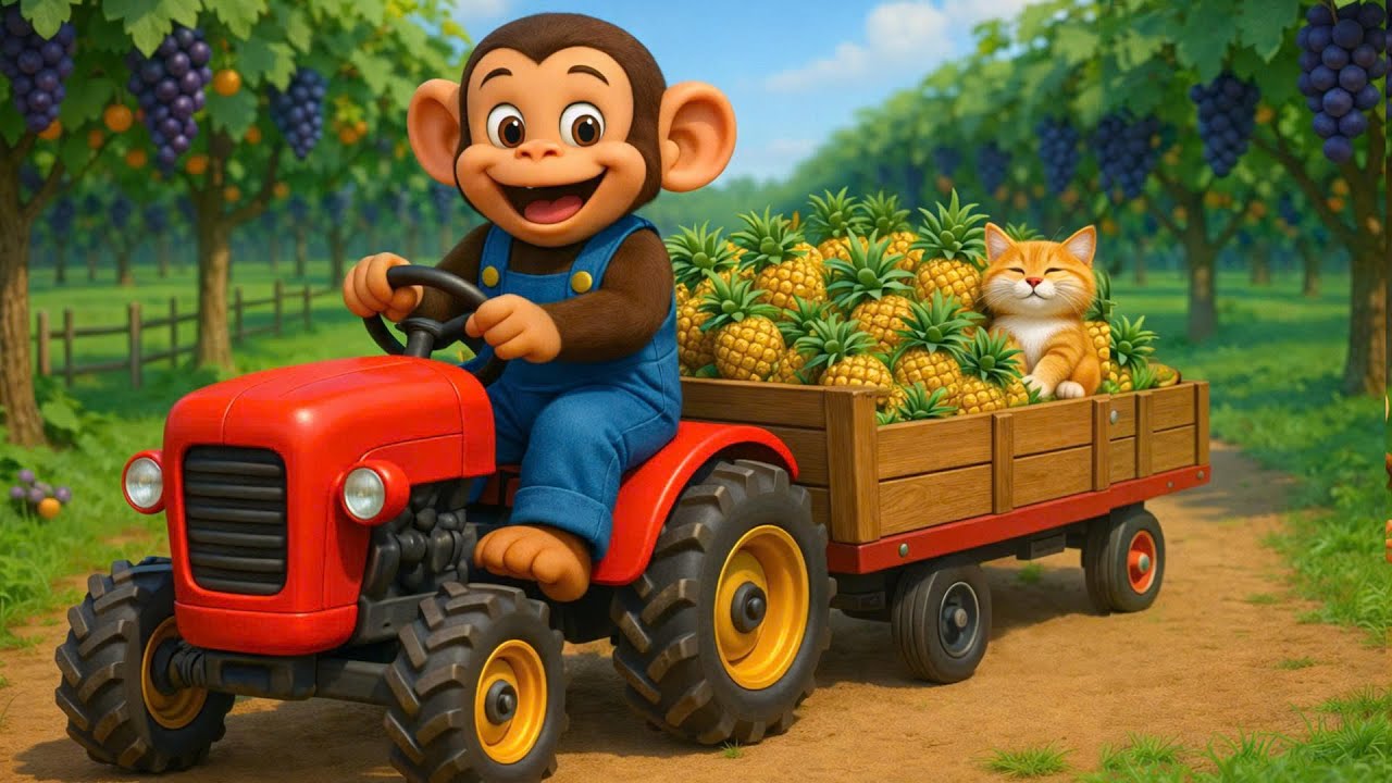 What Happened at the Farm?...The Monkey Farmer Drives a Tractor to Harvest Pineapples with the Cat