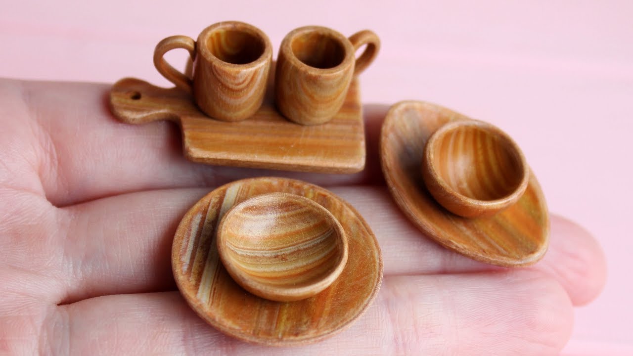 Miniature dishes with imitation wood. Polymer clay. Tutorial. DIY. Миниатюрная посуда под дерево.