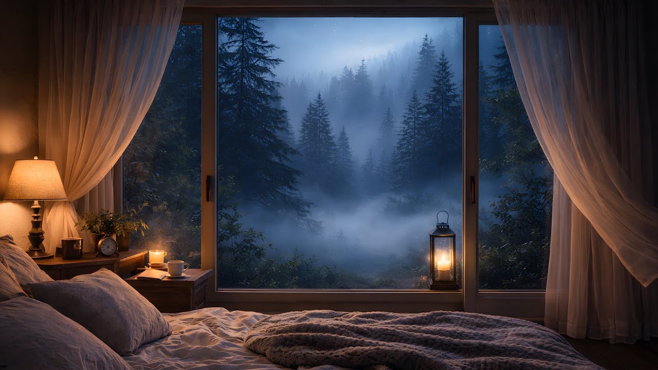 Deep Sleep Night Forest Ambience🌲Gentle Fog & Warm Lantern Light🕯️Relaxing Sounds
