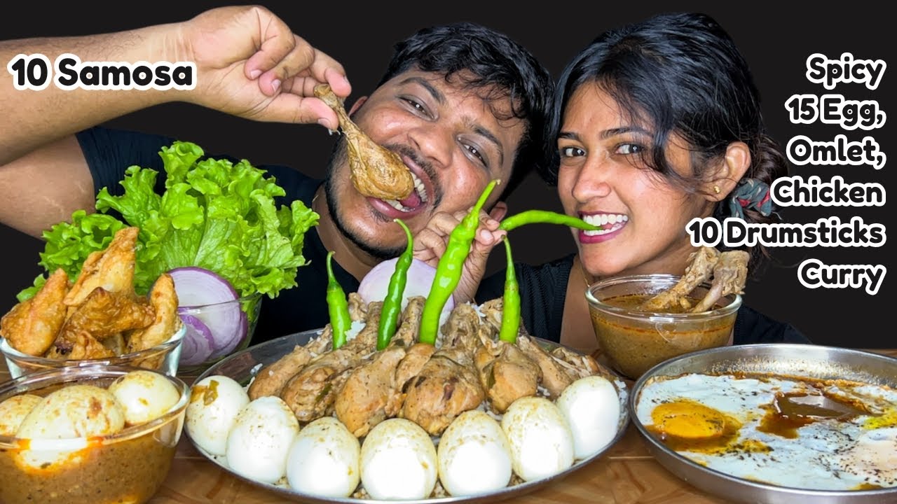 ASMR EATING | SPICY🔥EGG, OMLET, CHICKEN DRUMSTICKS CURRY WITH RICE AND SALAD | SAMOSA | MUKBANG SHOW