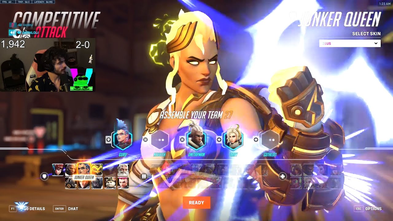 GURU is SHOWING HIS JUNKER QUEEN ZEUS SKIN! [ OW 2 SEASON 2 TOP 500 ]