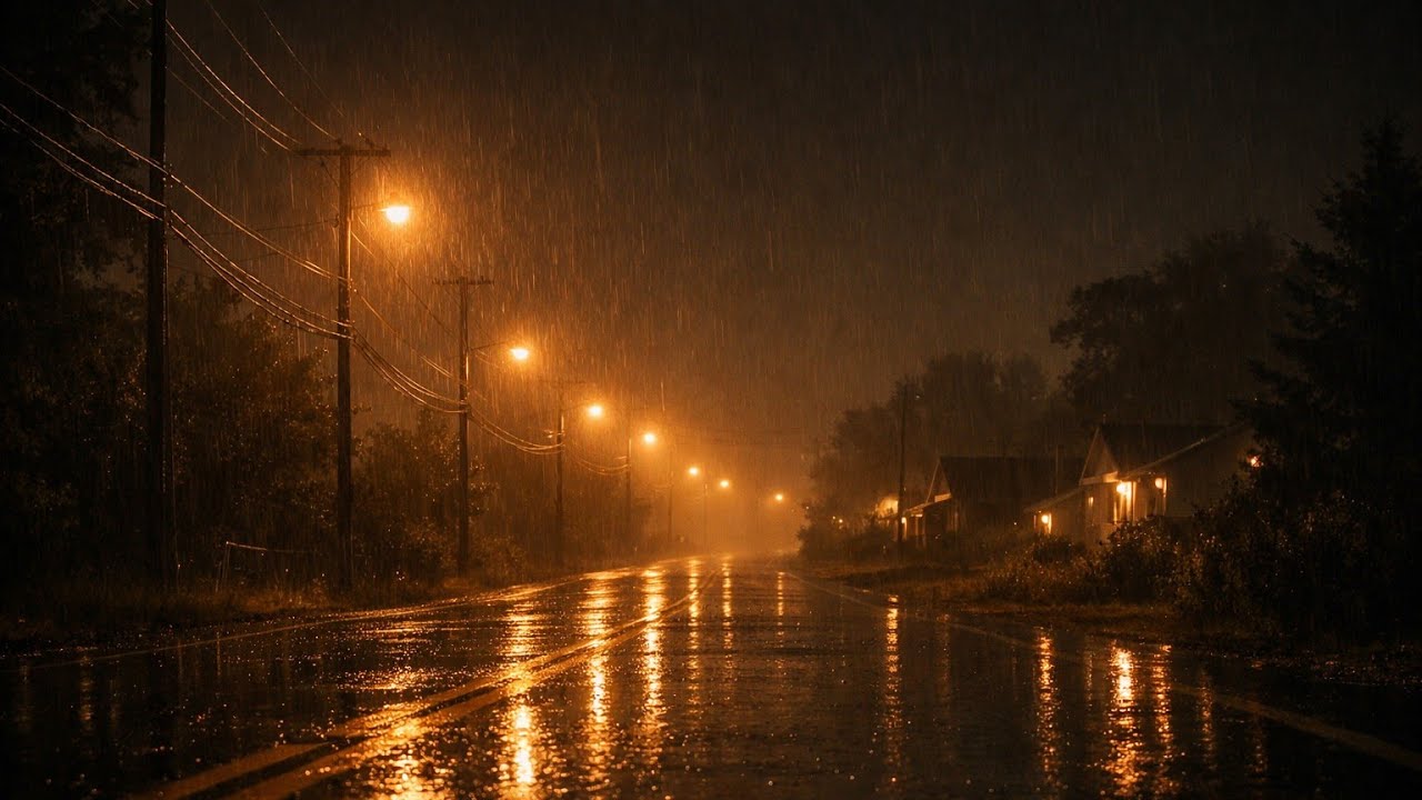 Slow Rain for Deep Sleep 🌙 Warm Street Lights on a Quiet Country Road | Relaxing Night Ambience