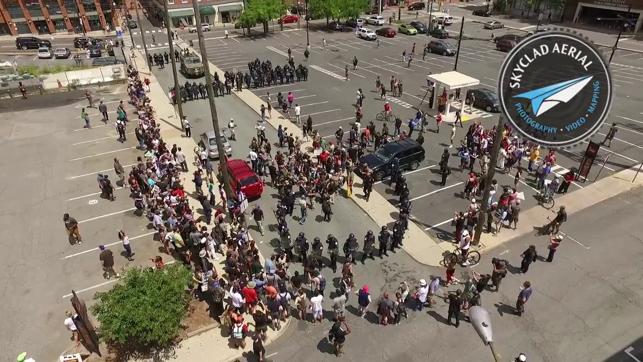 Crowds Assembling at Charlottesville's #unitetheright Rally - Aerial Footage