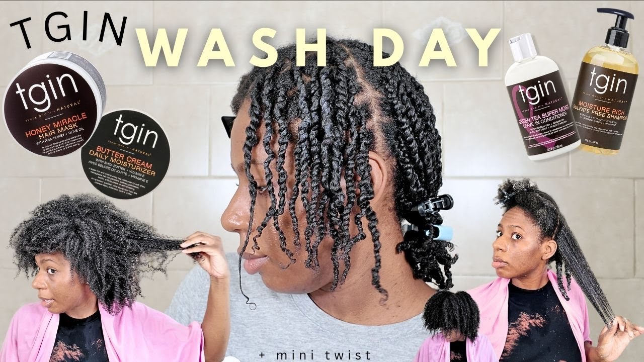 FULL wash day using TGIN Products | Moisture Rich Shampoo + Honey Miracle Hair Mask + Mini twists