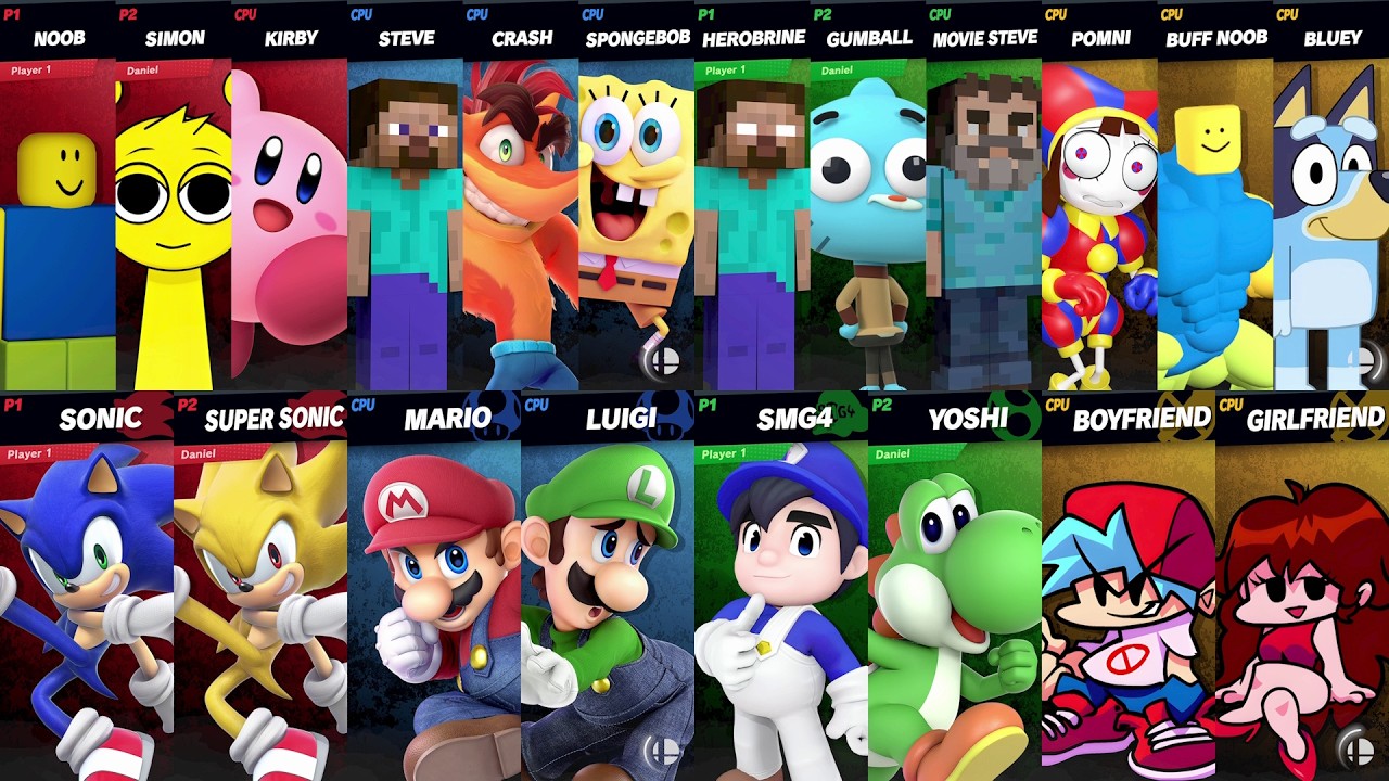 Sonic vs Mario vs Bluey vs SpongeBob vs Crash vs Steve vs Roblox vs Minecraft | Super Smash Bros