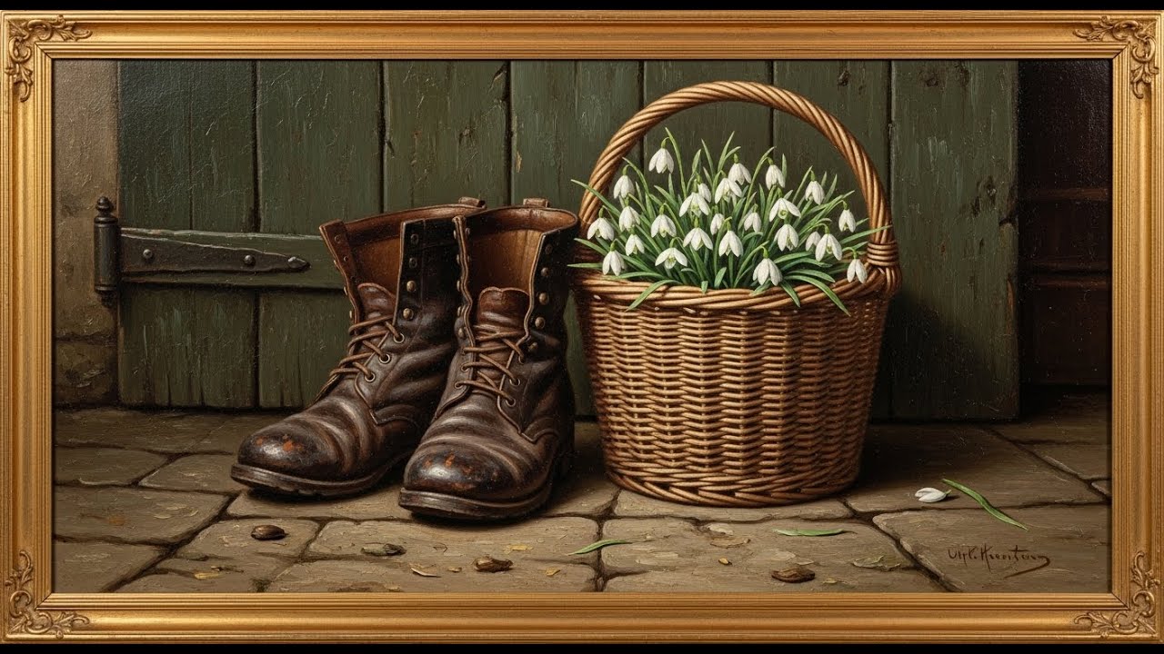 Frame TV Art with Music: Vintage Leather Boots & Snowdrops Basket | Rustic English Garden Art