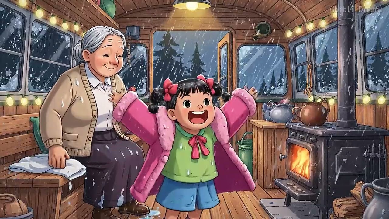 Living in a Recycled Bus Home During a Quiet Forest Storm | Ghibli Style