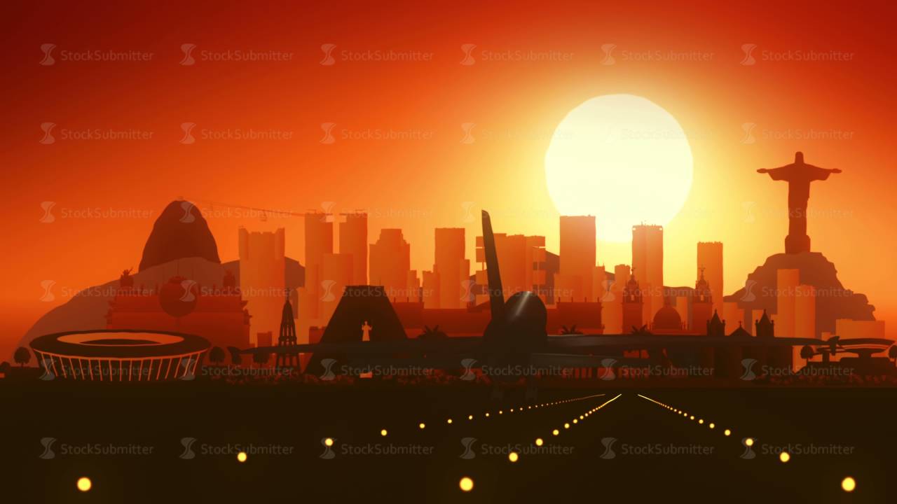 Rio de Janeiro Brazil Airplane Landing Skyline Golden Background