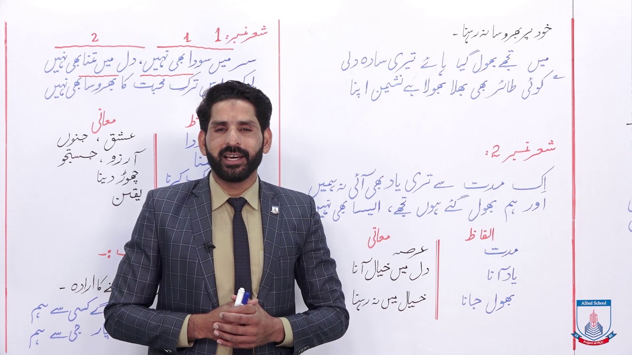 Class 10 - Urdu - Lecture 38 - firaq ghoraq puri - ashar number 1,2 ki tashree -  Allied Schools
