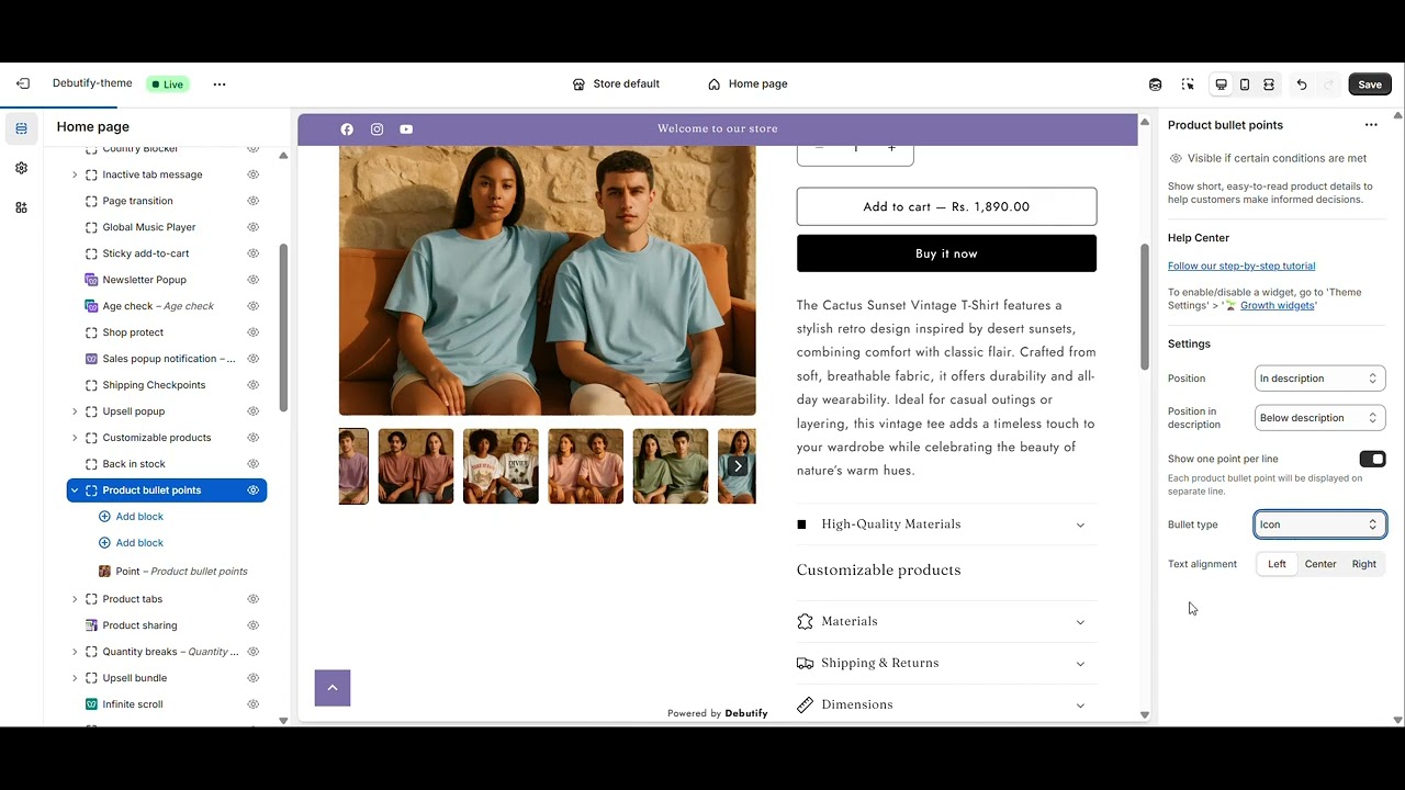 Увеличьте продажи на Shopify с помощью виджета Product Bullet Points от Debutify