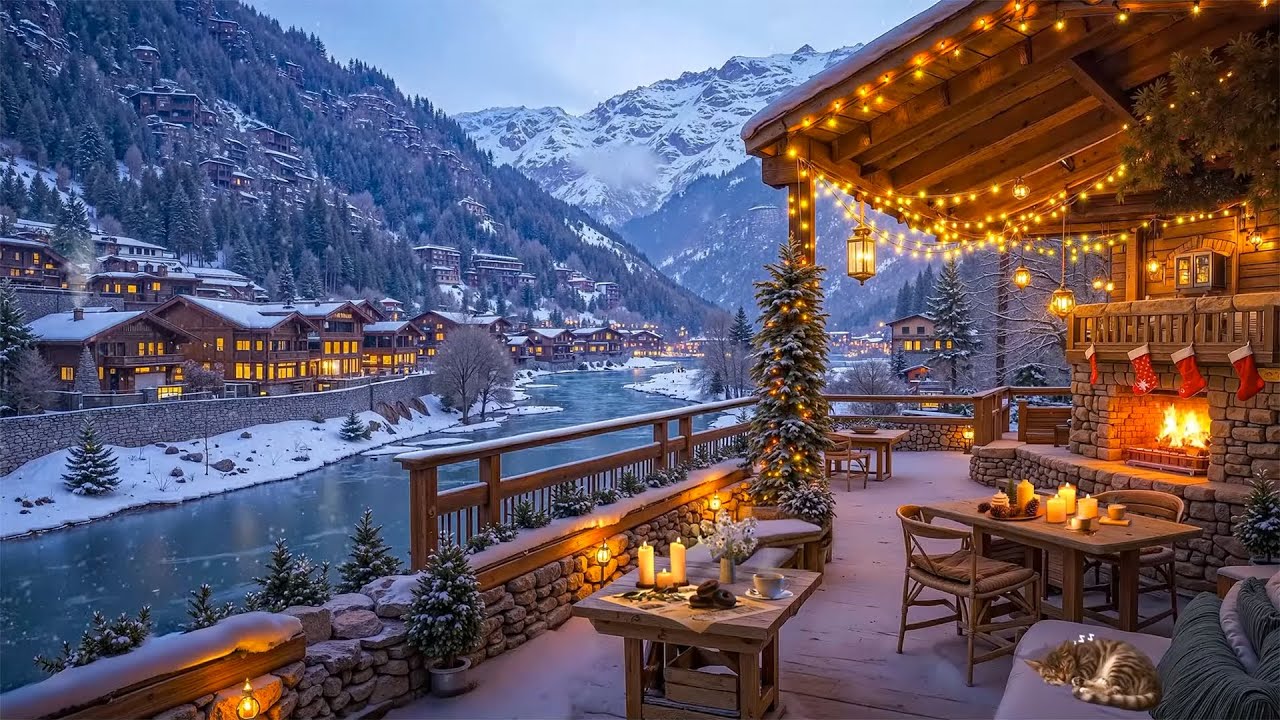Relaxing Holiday ❄️ Snowy Coffee Terrace and Cozy Fireplace 🎄Warm Jazz for a Perfect Winter Night