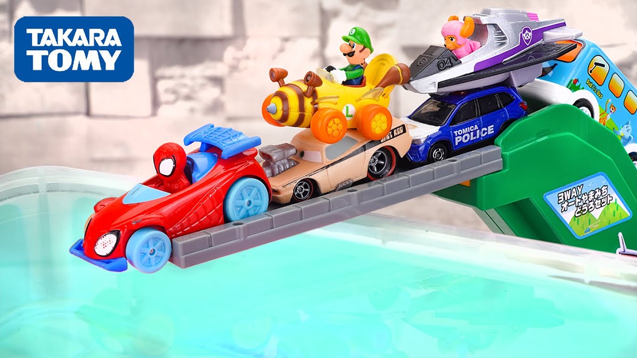 Tomica ☆ A Driving Tests With Spider, Mario and Paw Patrol♪ Fall into the blue water! (No Talking)