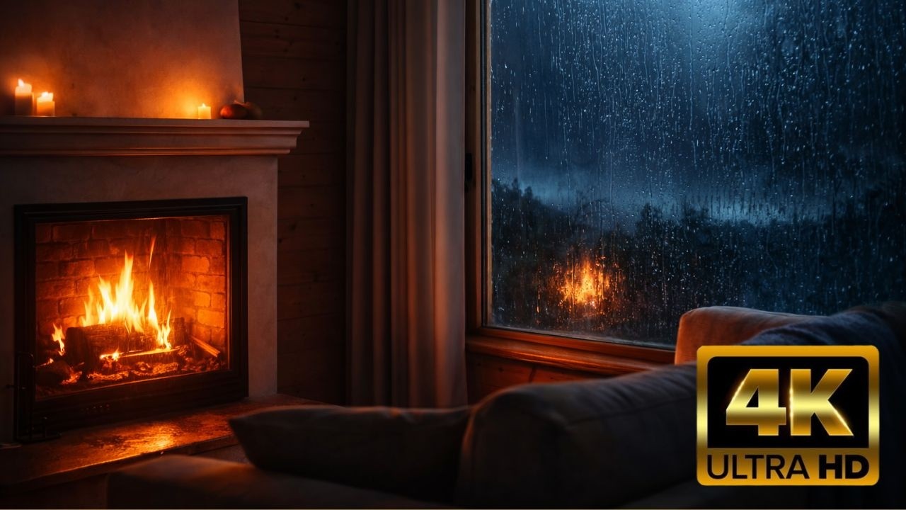 Cozy Cabin Ambience: Rain on Window & Crackling Fireplace Sounds for Sleeping (8 Hours)