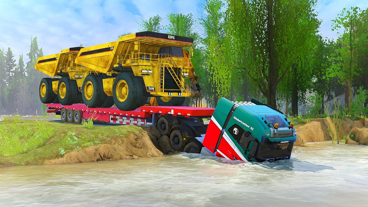 Extreme and Dangerous Giant Mining Truck Crossing the River