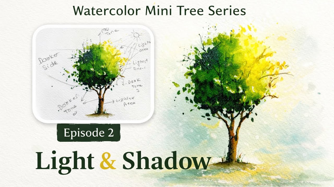 Paint Trees with Light & Shadow | Watercolor Tree Series Ep-2 #painting #trees #artvideo #drawing 